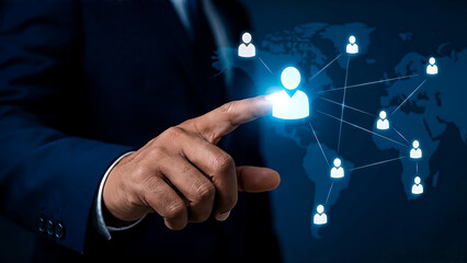 Hand touching glowing person on digital map network finger person digital