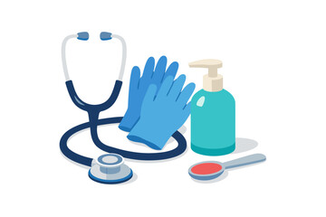 Medical essentials in modern isometric style with stethoscope and sanitizer