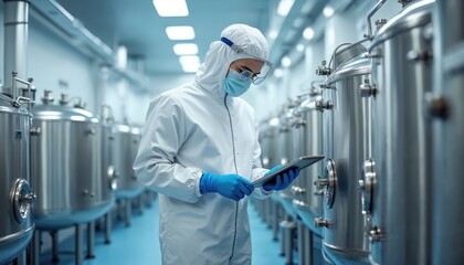 Scientist in sterile suit checks data on tablet near metal tanks in laboratory. Pro works with equipment in cleanroom. Medical research or industry setting.