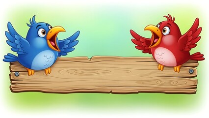Cartoon blue and red birds perched on a blank wooden sign with copy space
