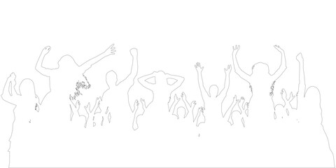 People contours cheering with hands raised, dancing and celebrating at a party or concert. Vector illustration