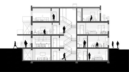 Architectural Cross-Section of a Modern Building with People and Interior Spaces