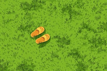 Yellow beach slippers on the green grass cartoon illustration with place for text, background for kids web and mobile applications