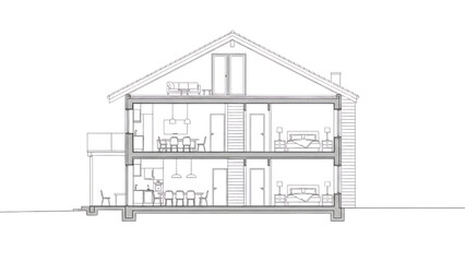 Detailed architectural cross-section illustration revealing a modern two-story house structure with interior design layouts and functional spaces