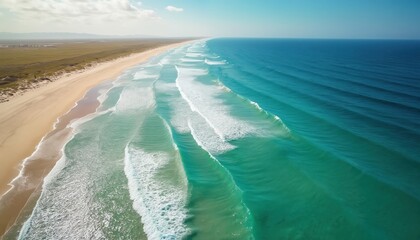 Aerial view of long sandy beach where turquoise ocean waves meet shore. Calm blue water stretches to horizon under clear sky with few clouds, coastal landscape.