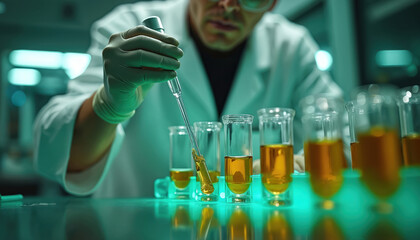 Scientist in lab coat uses pipette with liquid in test tubes. Advanced equipment in lab glows green. Research study on medical science. Test liquid in beaker.