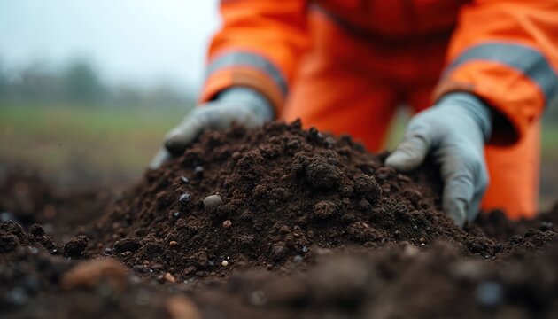 Person in orange jacket and gloves examines dark soil sample. Close up on dirt mound, ground texture, outdoors. Researching soil health and land condition.
