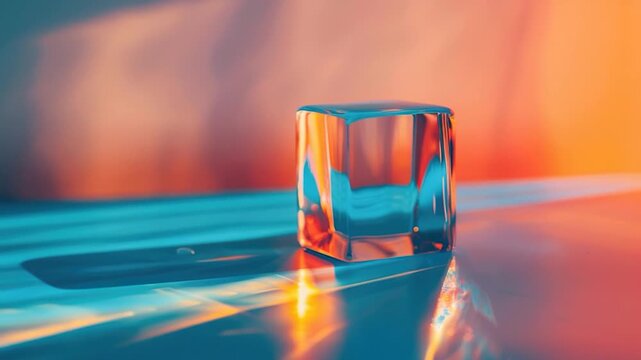 Video A clear glass block sits atop a table, perfect for decorative purposes or as a unique centerpiece