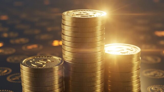 Gold coin stack close up 3D render for investment growth.