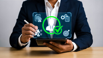 Person interacting with digital interface showing checklist and target business technology