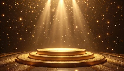 Golden tiered podium with spotlight beams and falling glitter particles. Empty stage for winner announcement or award ceremony. Glamorous event backdrop for success, achievement, or celebration.