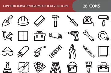 Obraz premium Construction and DIY renovation tools icon set. Containing hammer, drill, helmet, paint roller, saw, wrench, toolbox, measuring tape, and more.