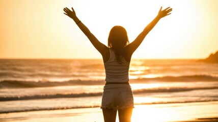 Fototapeta premium Golden Embrace of Freedom: A silhouette of a woman embraces the warmth of the setting sun, standing on a sandy shore, her arms outstretched, her spirit soaring with the promise of the horizon.