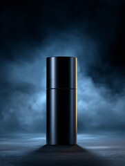 Envase cil&iacute;ndrico negro mate para cosm&eacute;tica de alta gama, Frasco minimalista para loci&oacute;n o perfume masculino, Mockup para branding de producto cosm&eacute;tico de lujo
