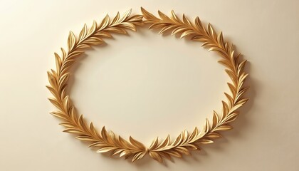 Elegant golden oval leaf wreath on cream background. Ornate detailed design for awards celebrations achievements luxury invitations or branding.