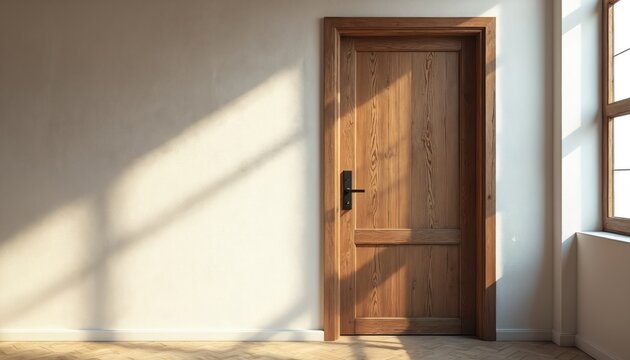 Natural wood door with dark handle stands beside bright window casting sun shadows on textured wall. Minimalist room interior, hardwood floor. Open doorway concept.