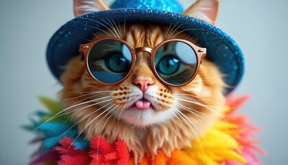 Orange cat wears blue glitter hat and round sunglasses. Fluffy pet sports colorful feather boa, sticks tongue out. Fun accessory outfit for parties.