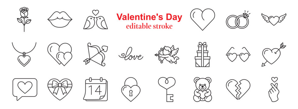 Minimal linear vector icon set for Valentine Day with editable stroke. Romantic love symbols in modern outline style, perfect for cards, posters, social media, apps and branding.