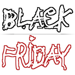 Fototapeta premium The words 'BLACK FRIDAY' are creatively rendered with 'BLACK' in a bold black outline and 'FRIDAY' in a distressed red outline on a clean white background.