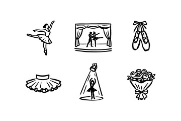 Fototapeta premium Elegant ballet icons: dancers, costumes, and flowers in hand-drawn style for performing arts themes