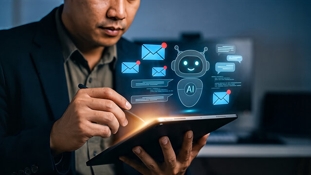 Man interacting with A I chatbot interface on tablet screen artificial intelligence - Powered by Adobe