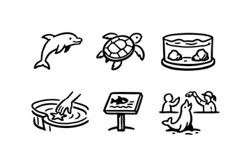 Marine life hand drawn icons featuring dolphin, sea turtle, aquarium, and interactive zoo activities