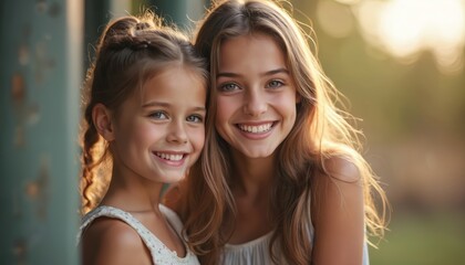 Fototapeta premium Two young girls with brown hair smile happily. Close together, outdoors in soft golden light. One girl braided hair, long waves. Appear to sisters friends enjoying sunny day.