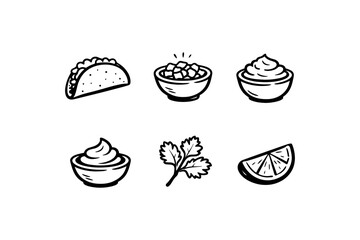 Mexican food doodles: taco, salsa, guacamole, cilantro, lime slice