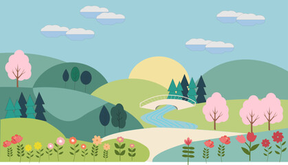Spring landscape with hills and flowers