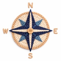Crochet compass rose in blue and beige yarn with nautical theme in circular frame for adventure branding