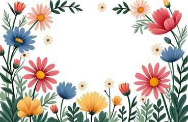 Fototapeta premium Colorful hand drawn wildflowers and daisies form a decorative border on white. Whimsical floral art creates cheerful meadow elements for spring or summer designs and stationery.