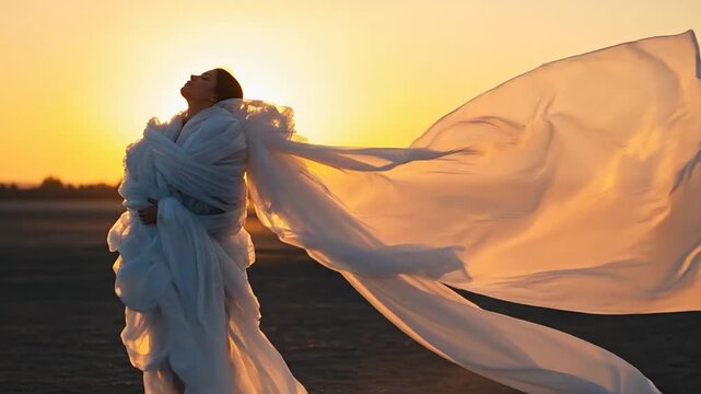 Woman wrapped in flowing plastic waste symbolizes earth vulnerability.