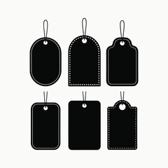 Six black silhouette price tags or labels with strings in different shapes on a white background.