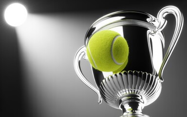 Tennis ball sitting in a shiny silver trophy cup on a dramatic spotlight background