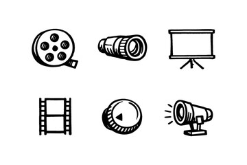 Hand-drawn cinema icons: vintage film reel, projector, and screen elements