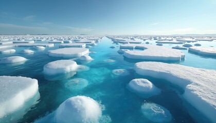 Arctic sea ice floes drift on clear blue water under a bright sky. Frozen chunks create stark shapes on the calm ocean surface. Remote, cold, pristine natural beauty.