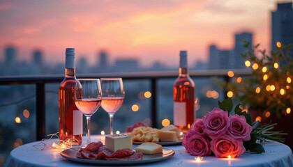 Couple enjoys romantic rooftop dinner with wine, cheese, roses at sunset overlooking city skyline. Evening meal with soft candle lights, urban view, perfect for special occasions, celebrations.