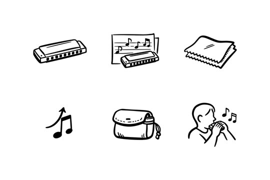 Harmonica essentials: icon set with music notes, cloth, and carry case