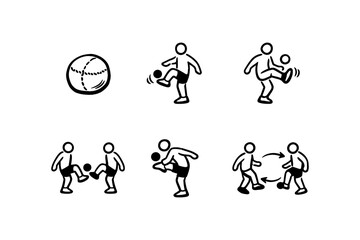 Stick figures playing soccer: simple black and white doodle