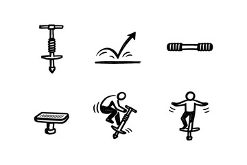 Hand drawn pogo stick icons set for jumping and fitness themes