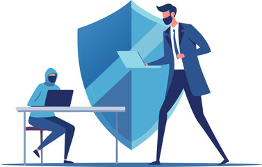 Professional Cybersecurity Expert Stopping a Data Breach Attempt with Digital Shield