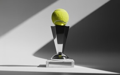 Tennis ball sitting atop a shiny modern trophy on a table with dramatic lighting