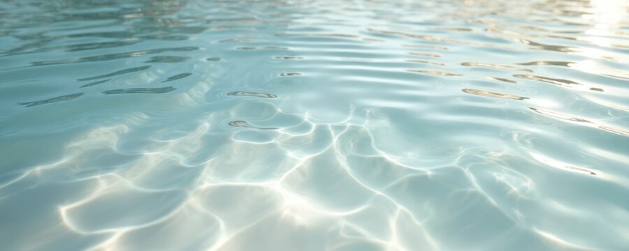 Close up of clear blue water surface with gentle ripples. Sunlight creates soft patterns on the water bed below. This tranquil scene suggests relaxation and nature.