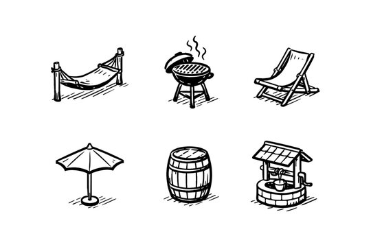 Hand drawn summer backyard elements: hammock, grill, deck chair, and more
