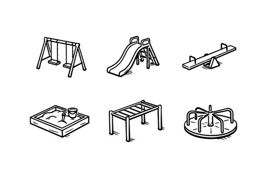Playground equipment set in sketch style: swings, slide, and more