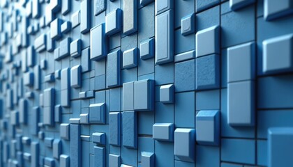 Fototapeta premium Textured blue blocks form abstract geometric wall pattern. Cubes in varied sizes create 3D surface with clean lines and depth. Modern design element for backgrounds, interior decor, or tech concepts.