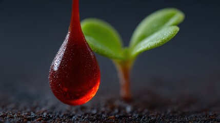 blood donation symbolism, dramatic lighting intensifies the powerful transformation from a glowing red drop of blood to a vibrant green plant, symbolizing life and the regenerative power of blood