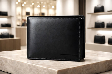 Elegant black leather men bifold wallet standing on a marble desk in a luxury boutique store with blurred fashion accessories in the background mockup