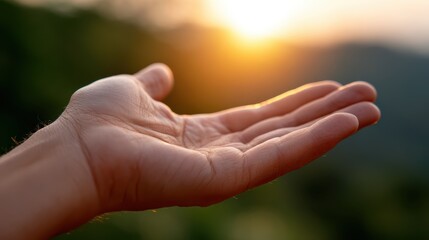 kindness gesture, a neutral-toned hand with outstretched open palm, emitting warm light, symbolizes generosity and kindness background is blurred