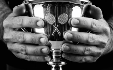 Closeup of hands holding a tennis trophy cup with rackets engraved